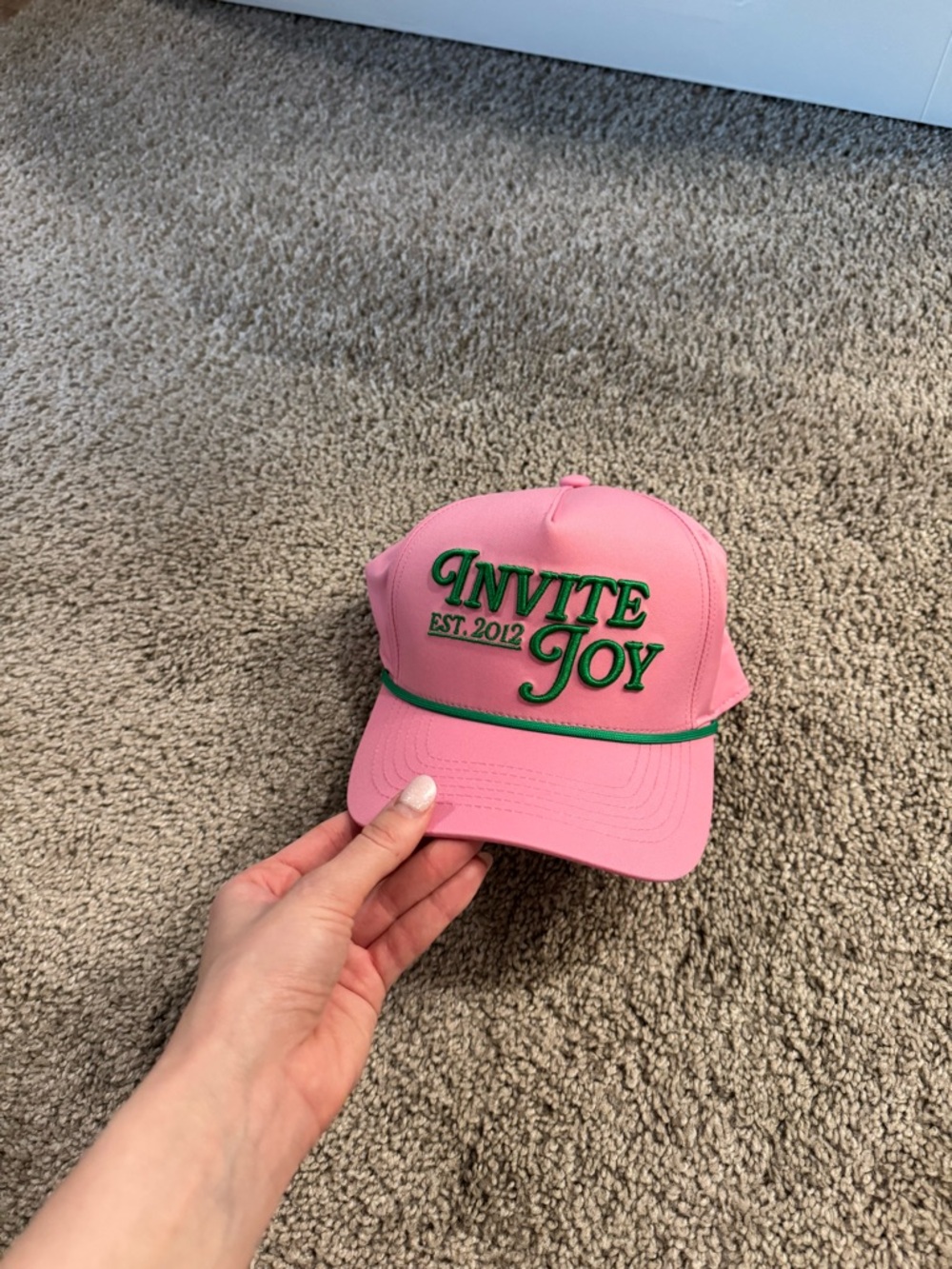 Invite Joy Pink Trucker Cap with Green Embroidery